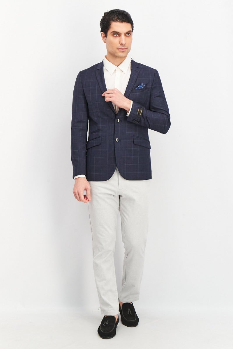 Men Regular Fit Long Sleeve Windowpane Blazer, Navy