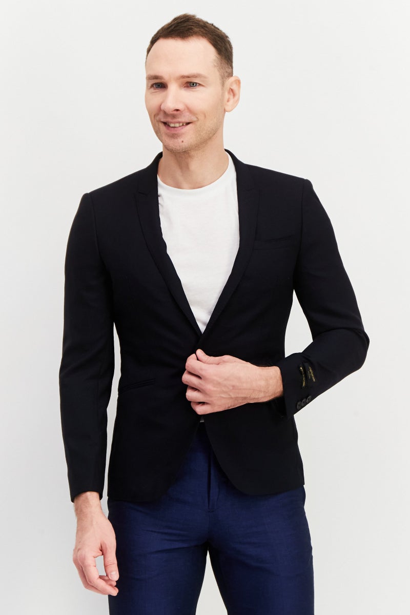 Men Slim Fit Plain Blazers, Dark Navy Blue