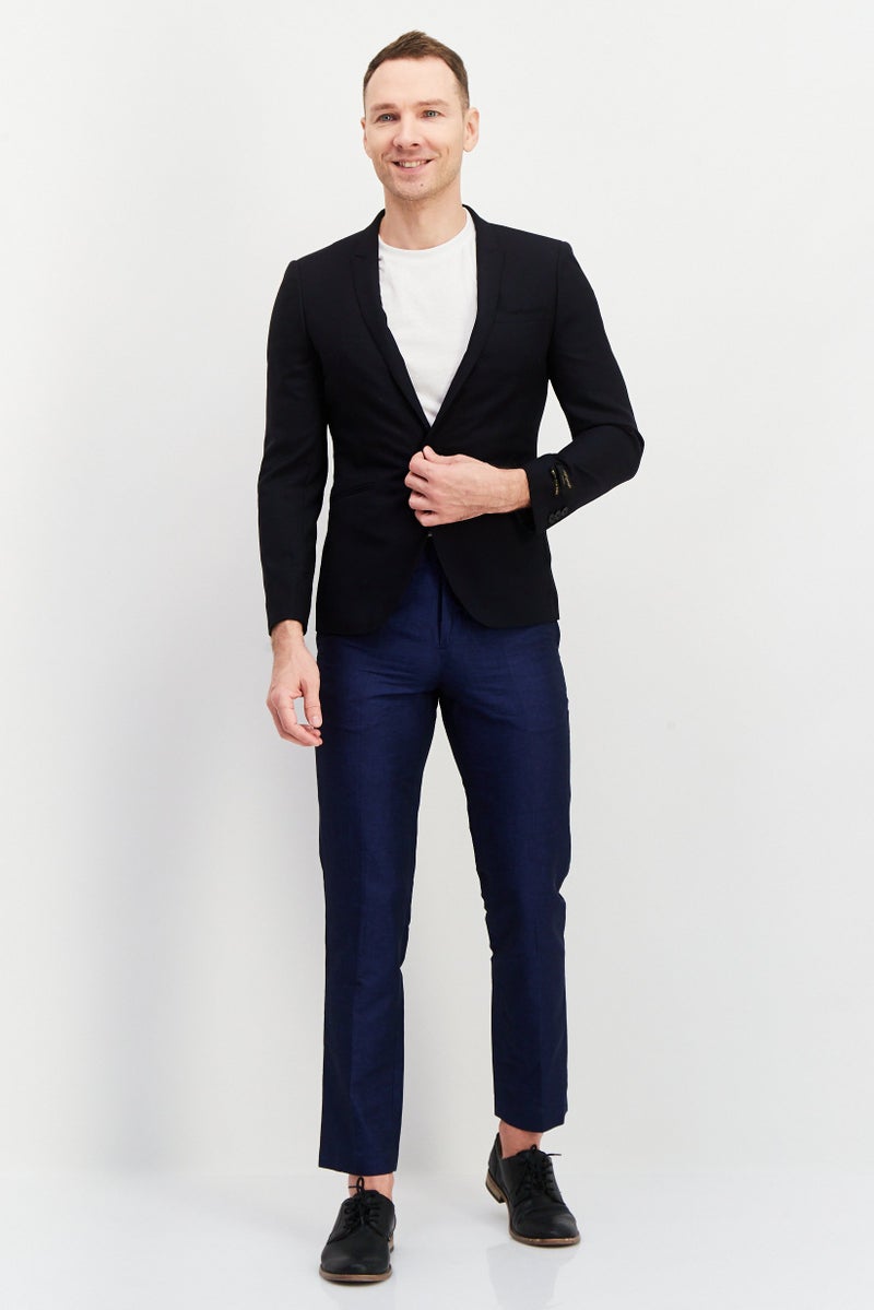 Men Slim Fit Plain Blazers, Dark Navy Blue