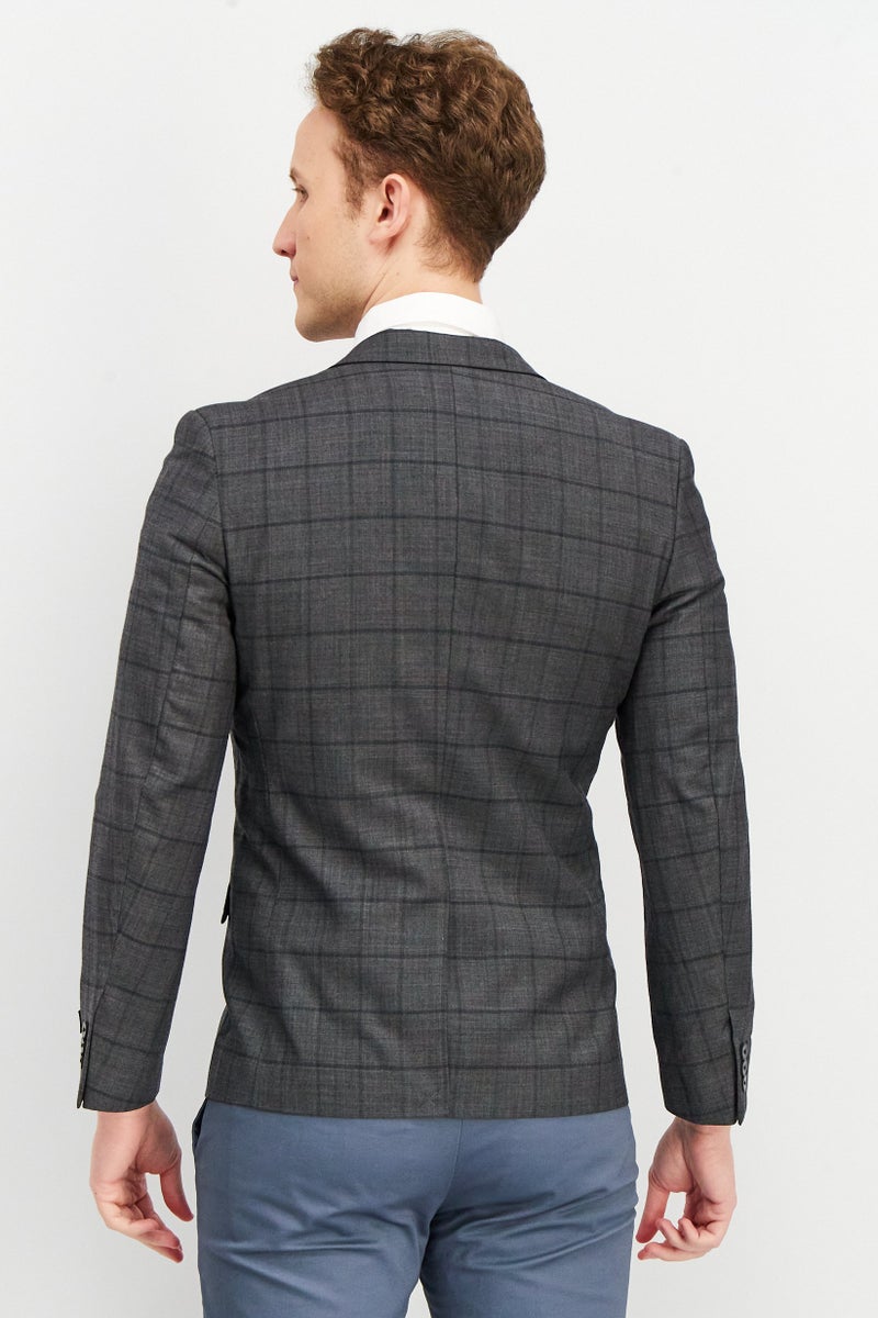 Men Slim Fit Plaid Formal Blazer, Grey