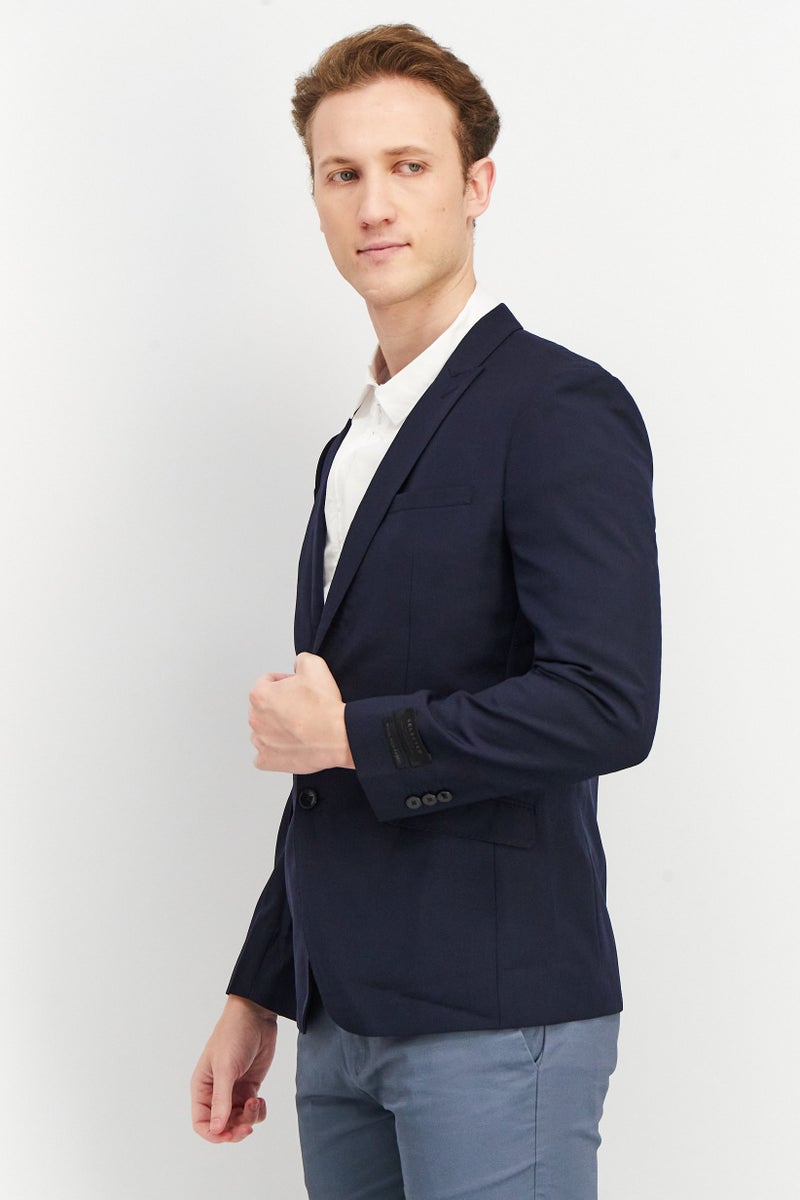 Men Regular Fit Textured Casual Blazer, Navy Blue