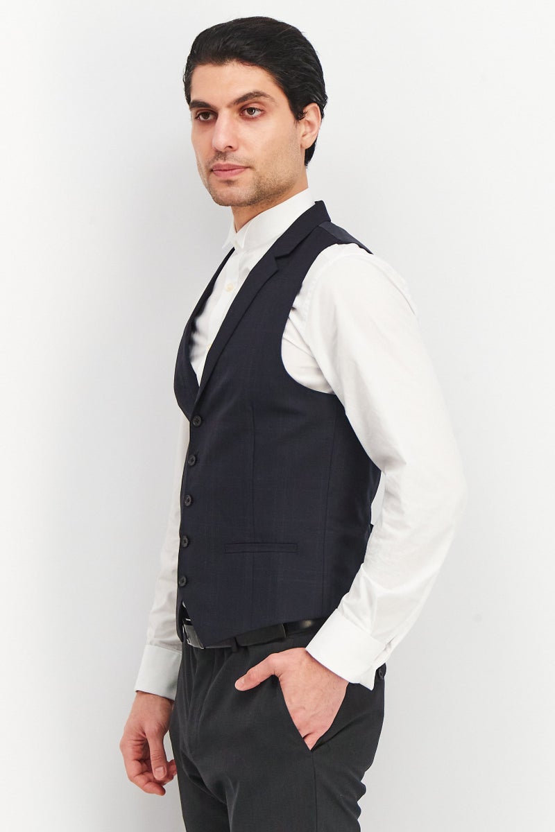 Men Regular Fit Check Arnold Waistcoat Vest, Navy