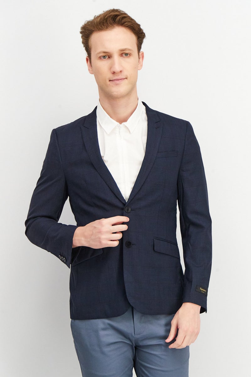 Men Regular Fit Textured Long Sleeve Blazer, Midnight Blue