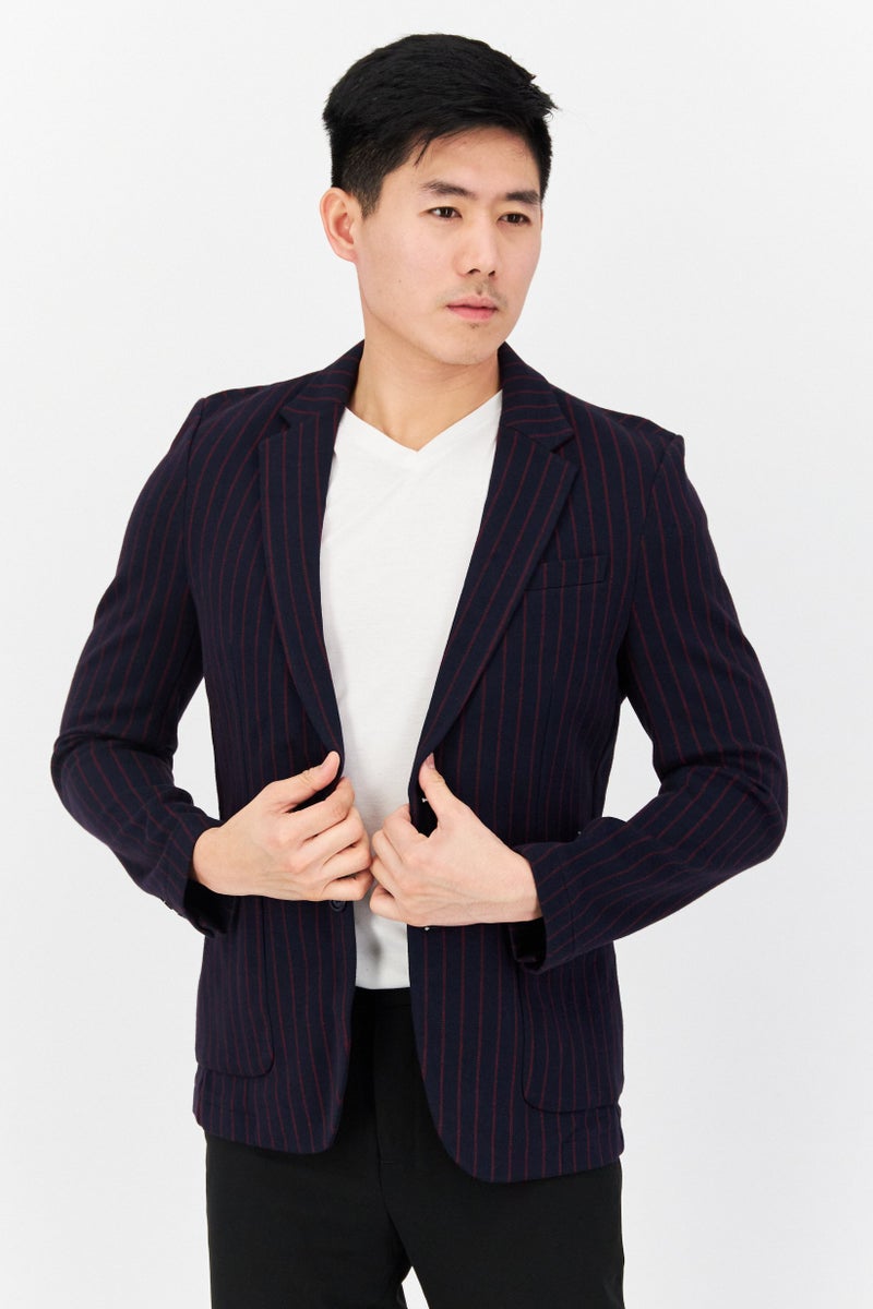 Men Regular Fit Strip Formal Blazer, Navy/Maroon