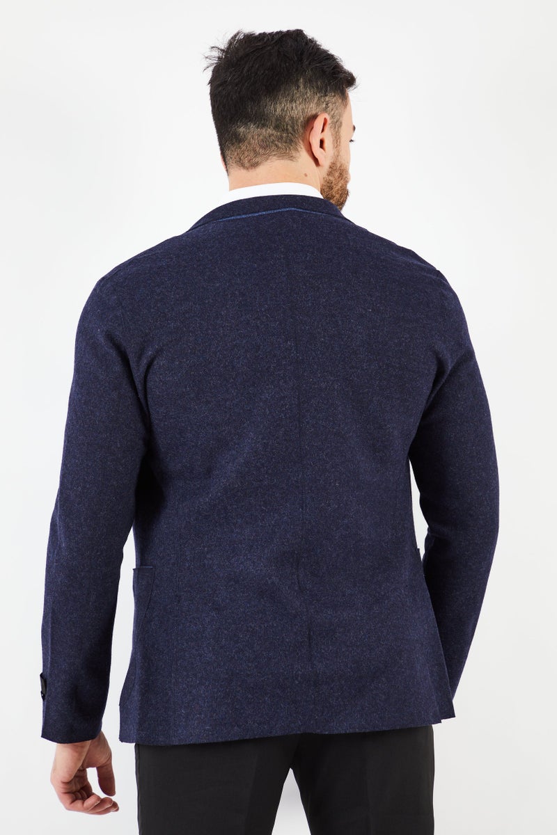 Men Regular Fit Textured Casual Blazer, Navy