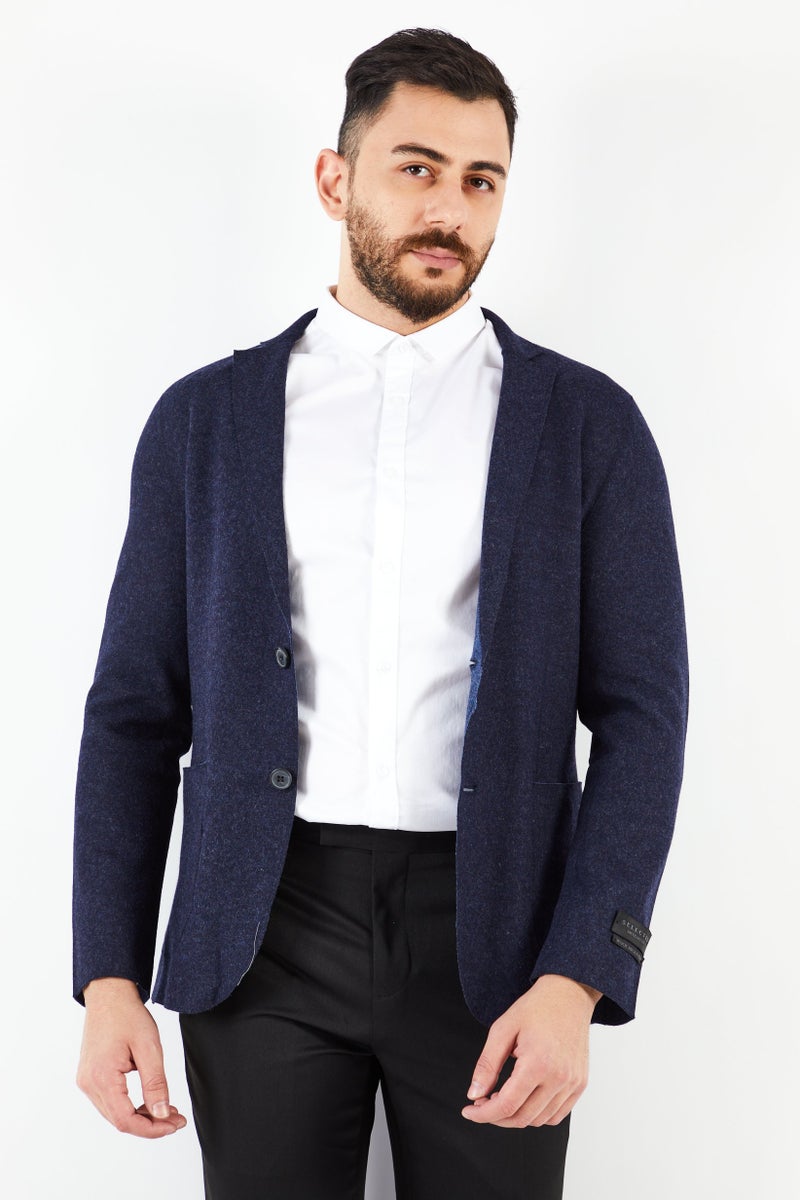 Men Regular Fit Textured Casual Blazer, Navy