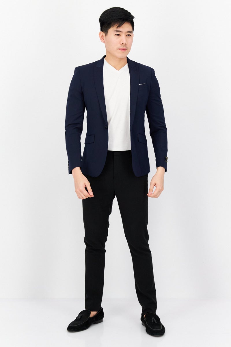 Men Slim Fit Solid Semi Formal Blazer, Navy