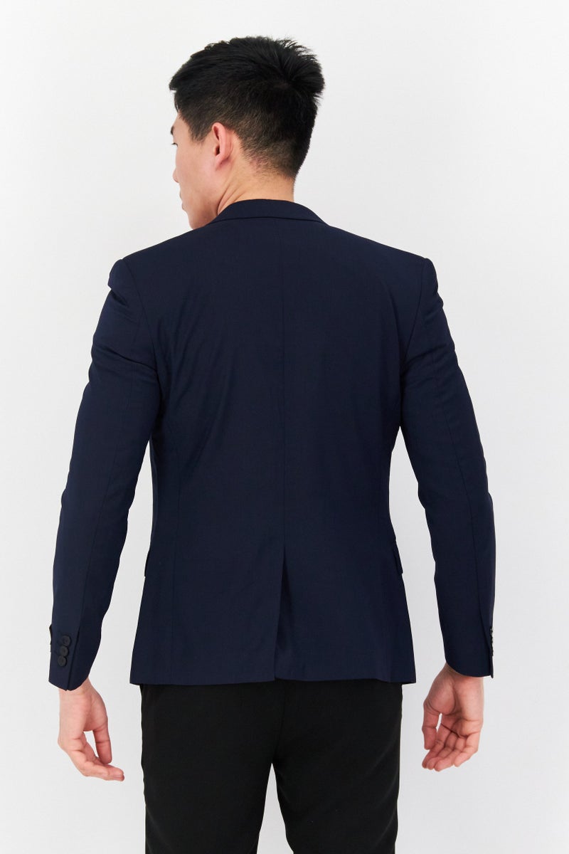 Men Slim Fit Solid Semi Formal Blazer, Navy