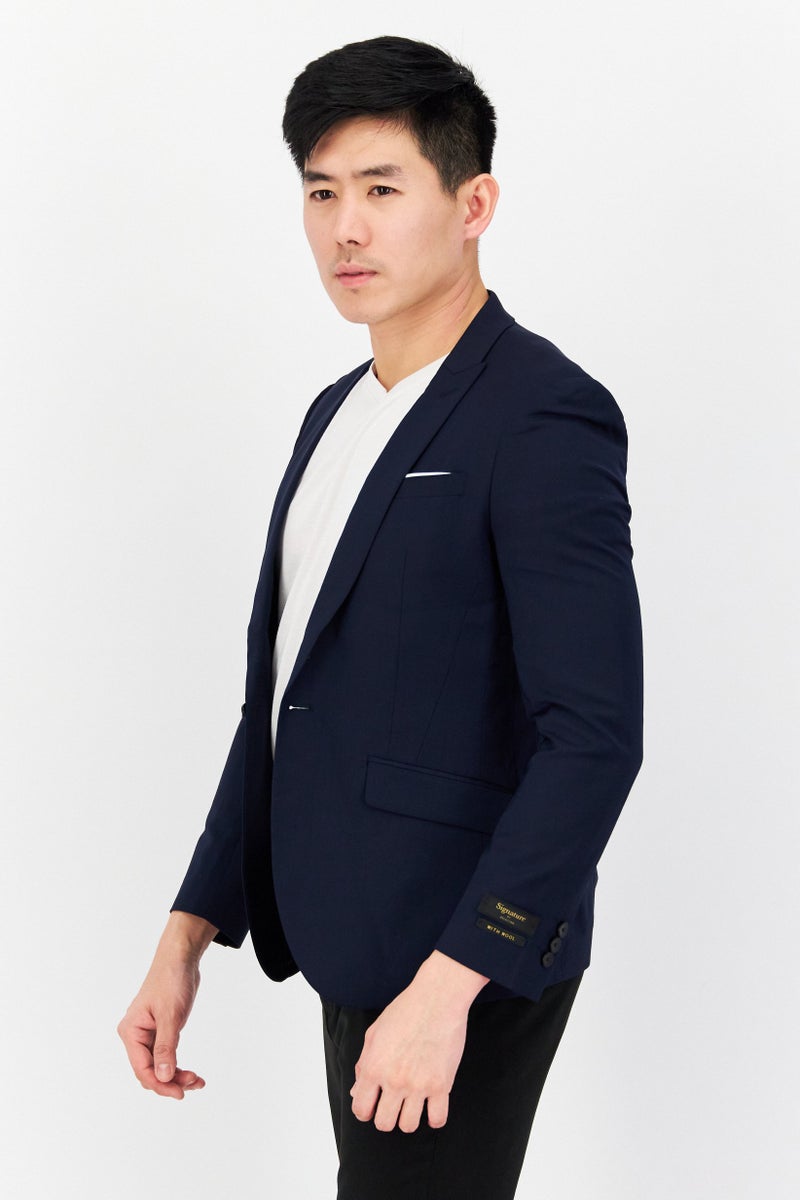 Men Slim Fit Solid Semi Formal Blazer, Navy