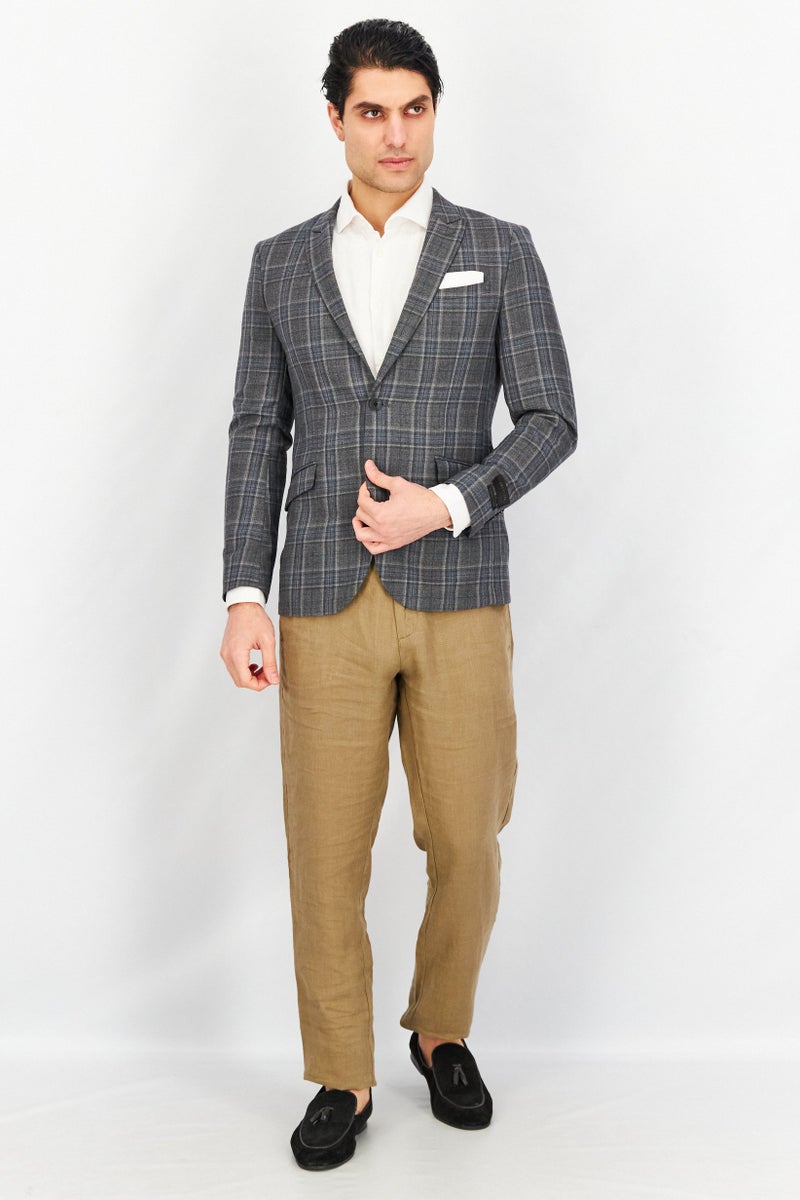 Men Slim Fit Long Sleeve Plaid Blazer, Light Grey Melange