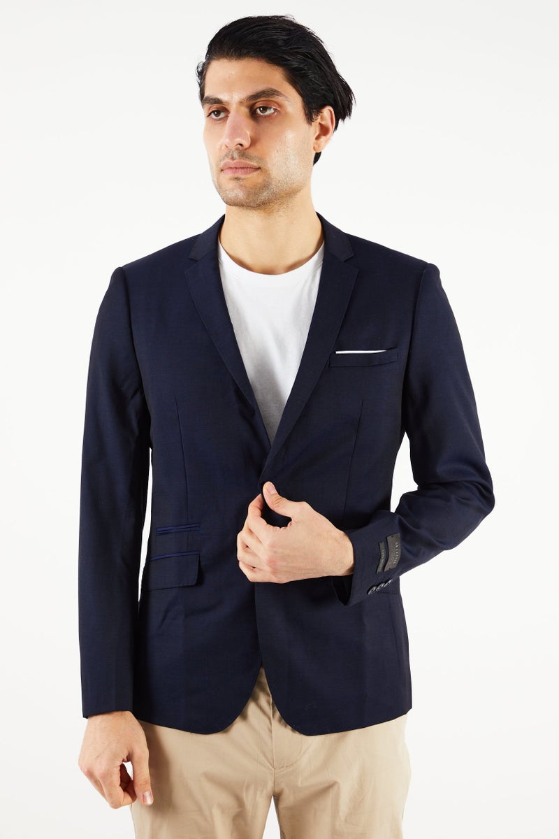 Men Slim Fit Solid Formal Blazer, Navy