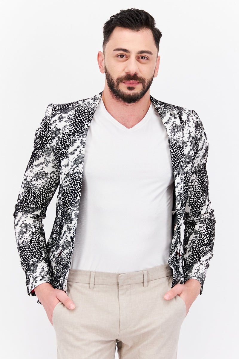 Men Regular Fit Textured Casual Blazer, White/Black