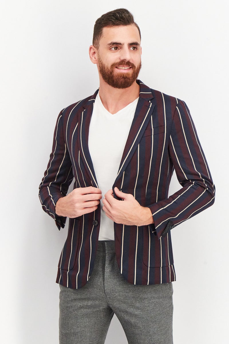 Men Slim Fit Long Sleeve Stripped Blazer Jacket, Navy/Maroon Combo