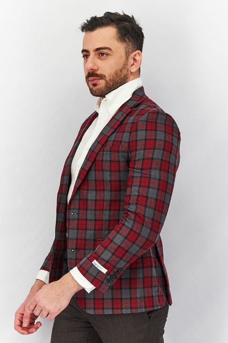 Men Notch Collar Long Sleeve Plaid Blazer, Red/Grey