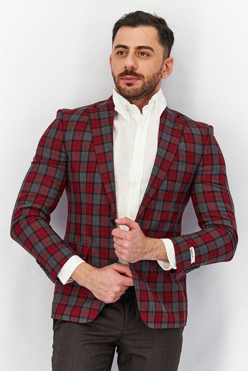 Men Notch Collar Long Sleeve Plaid Blazer, Red/Grey