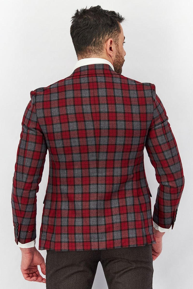 Men Notch Collar Long Sleeve Plaid Blazer, Red/Grey