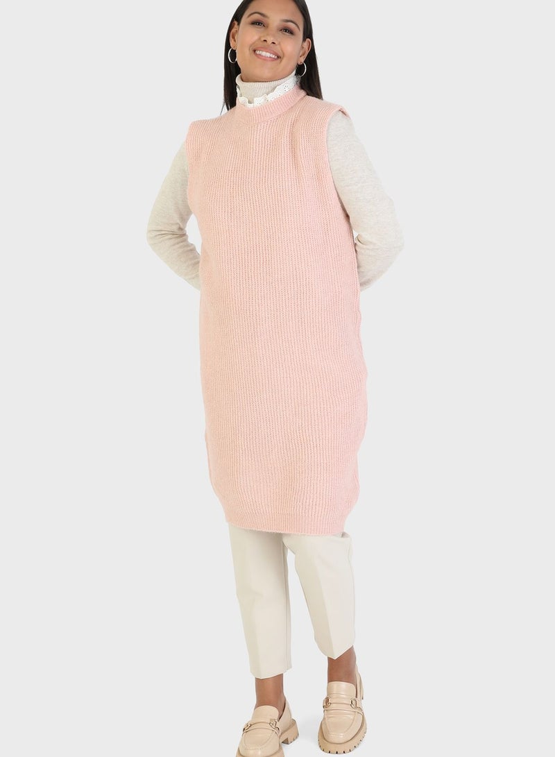 Crew Neck Knitted Tunic Pink