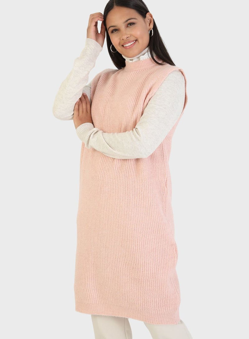 Crew Neck Knitted Tunic Pink