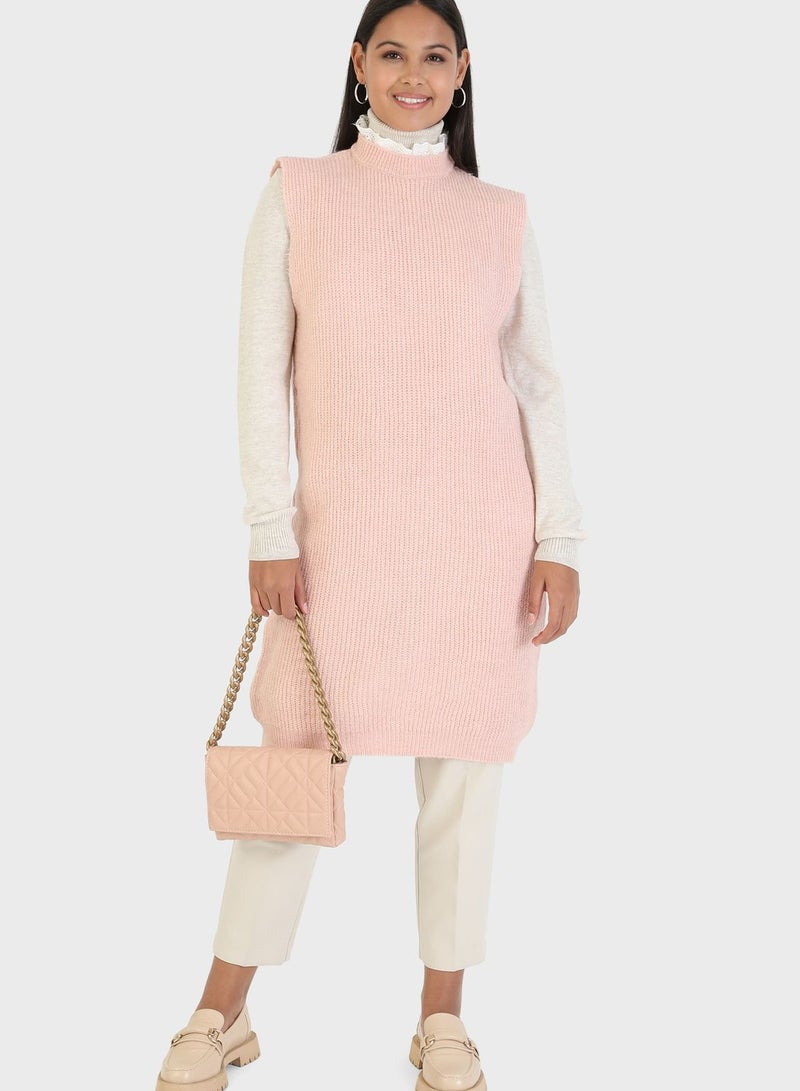 Crew Neck Knitted Tunic Pink