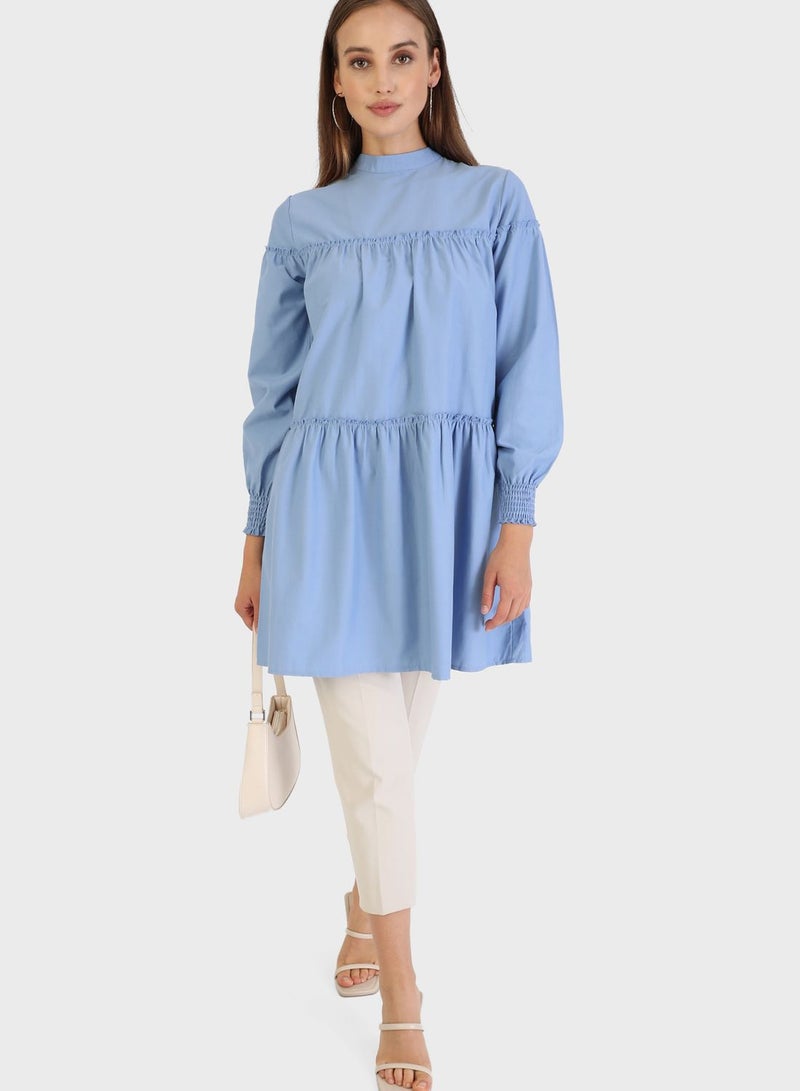 Balloon Sleeve Pleat Detail Tunic Blue