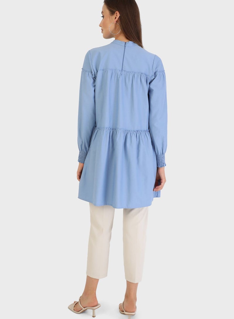 Balloon Sleeve Pleat Detail Tunic Blue