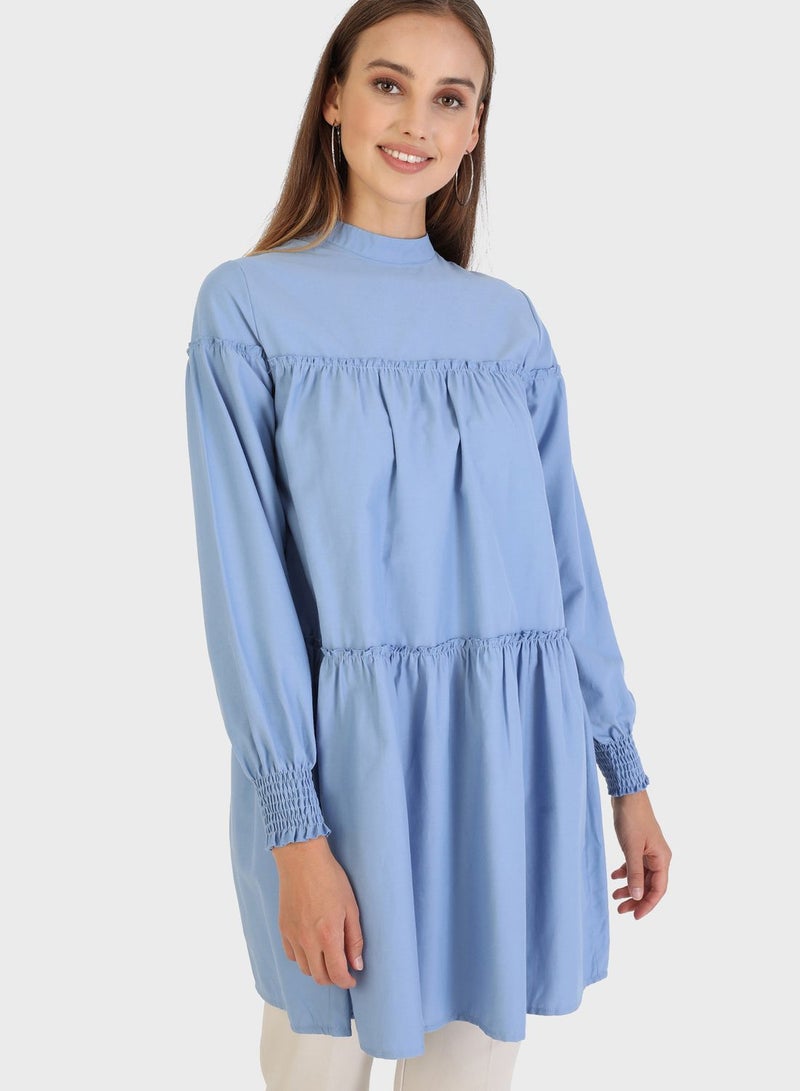 Balloon Sleeve Pleat Detail Tunic Blue