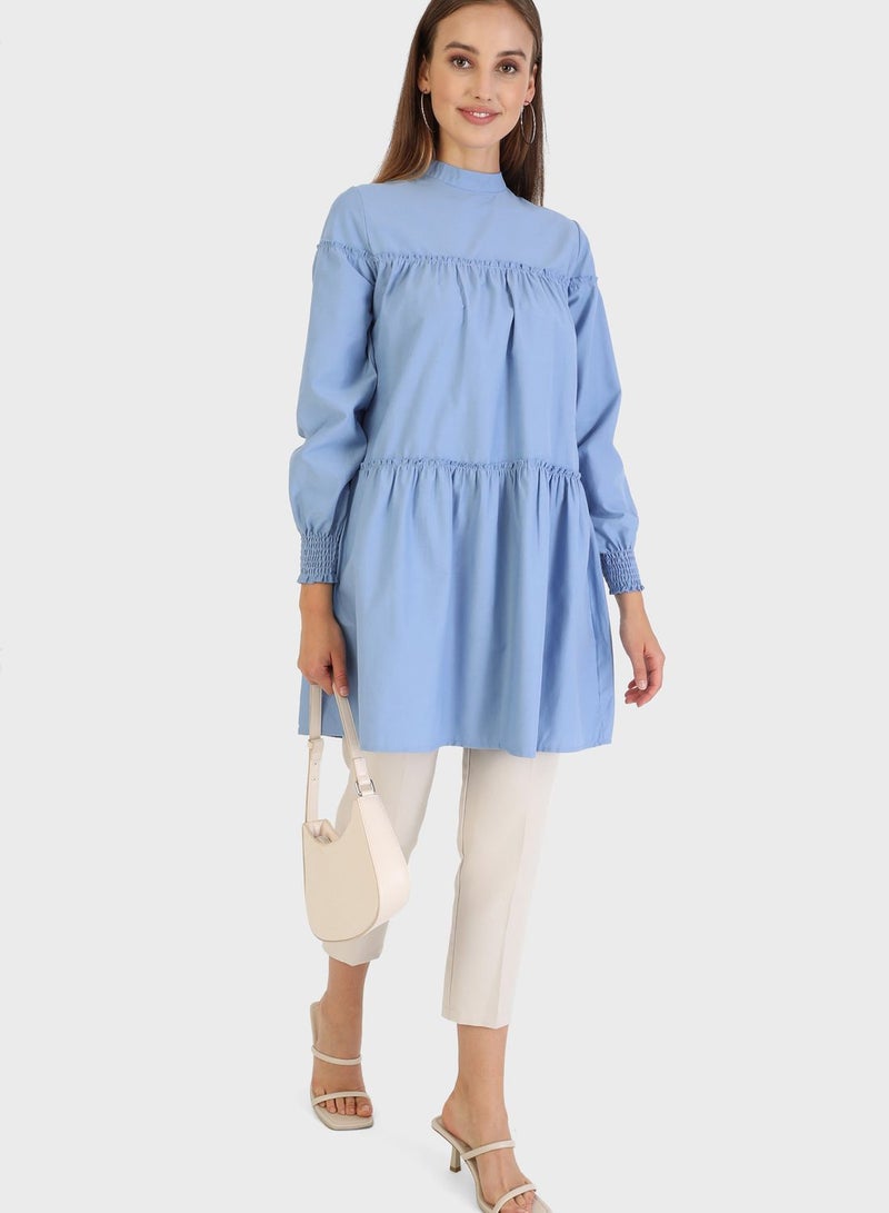 Balloon Sleeve Pleat Detail Tunic Blue