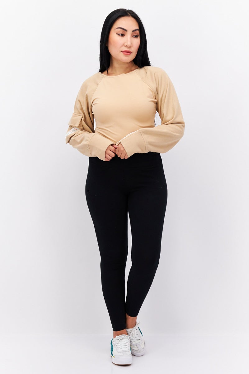 Women Plain Long Sleeve Bodysuit, Tan