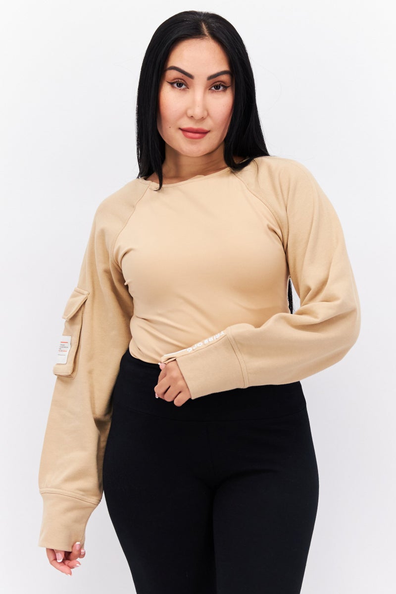 Women Plain Long Sleeve Bodysuit, Tan