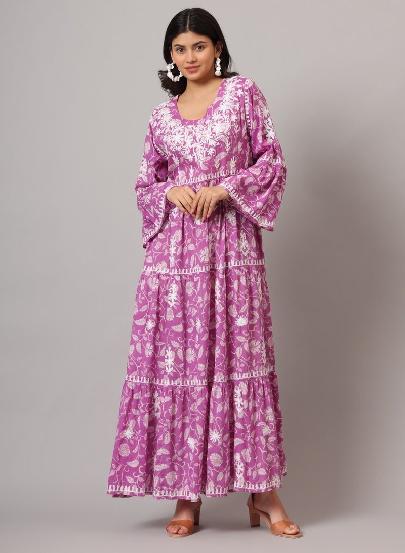 Hand Embroidered Chikankari A-Line Gathering Pattern Mulmul Cotton Jalabiya-AL3673