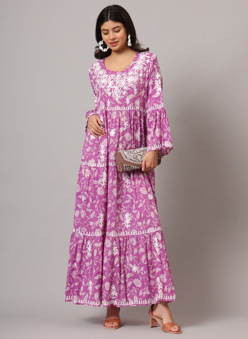 Hand Embroidered Chikankari A-Line Gathering Pattern Mulmul Cotton Jalabiya-AL3673