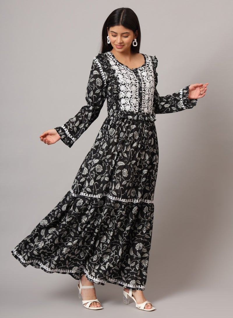 Hand Embroidered Chikankari A-Line Gathering Pattern Mulmul Cotton Jalabiya-AL3941