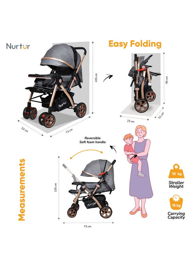 Wilder Baby Kids Travel Stroller 0 to 3 years Storage Basket Detachable Food Tray 5 Point Safety Harness Adjustable Backrest and Canopy Reversible Handle