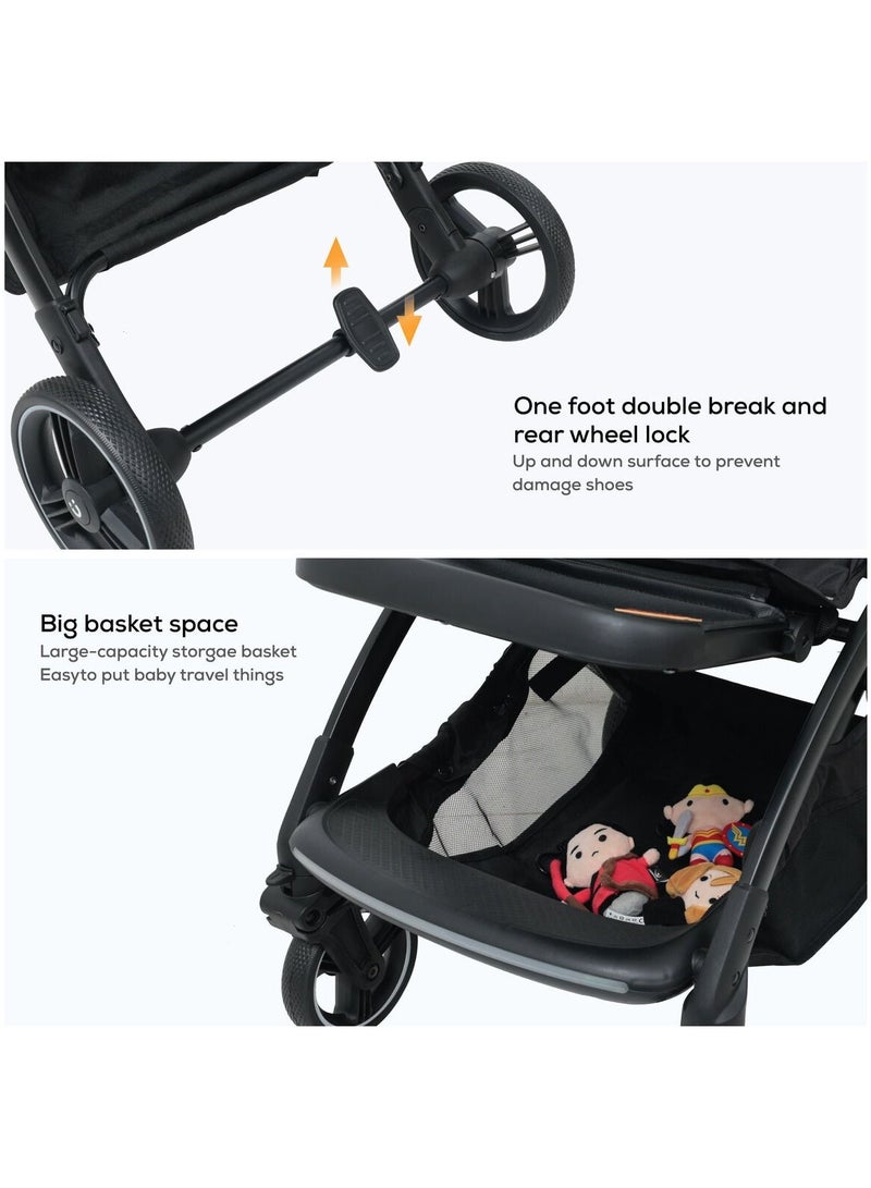 Aluminum Alloy Baby Stroller with Fully adjustable for baby to sit or lie Detachable Bumper 5 Point Safety Harness Compact Foldable Design