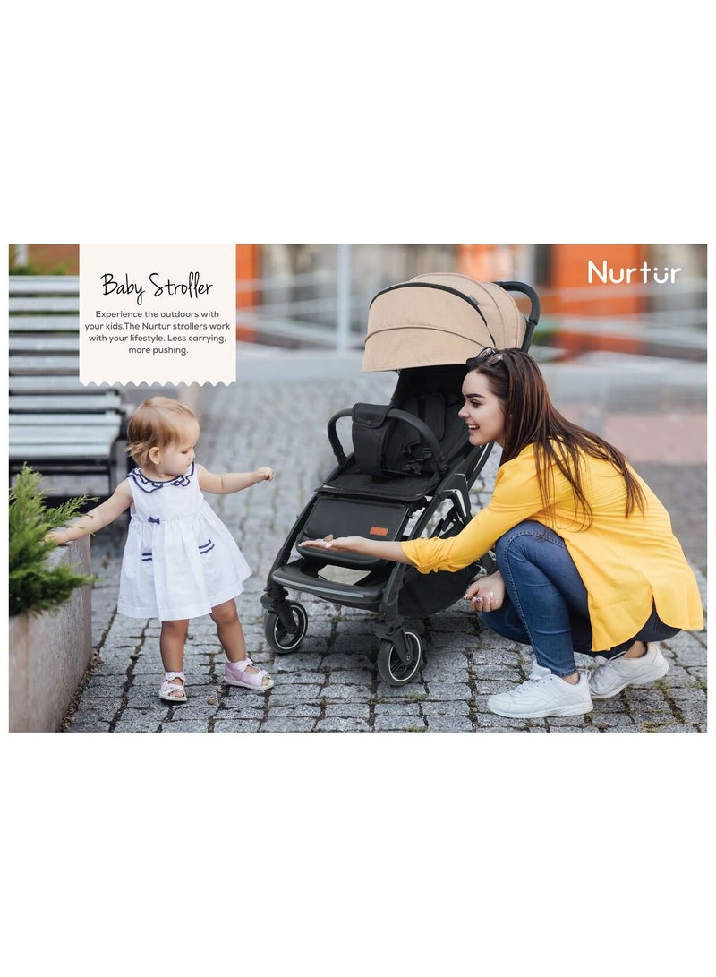 Aluminum Alloy Baby Stroller with Fully adjustable for baby to sit or lie Detachable Bumper 5 Point Safety Harness Compact Foldable Design