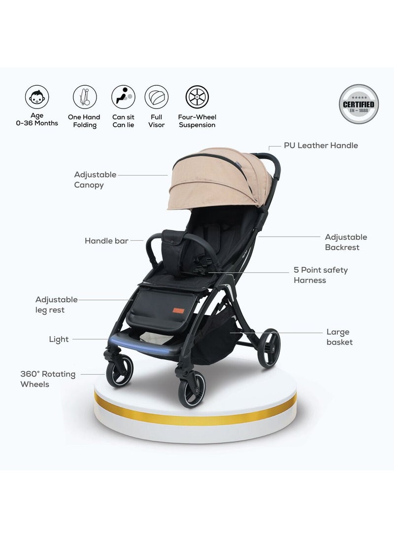 Aluminum Alloy Baby Stroller with Fully adjustable for baby to sit or lie Detachable Bumper 5 Point Safety Harness Compact Foldable Design