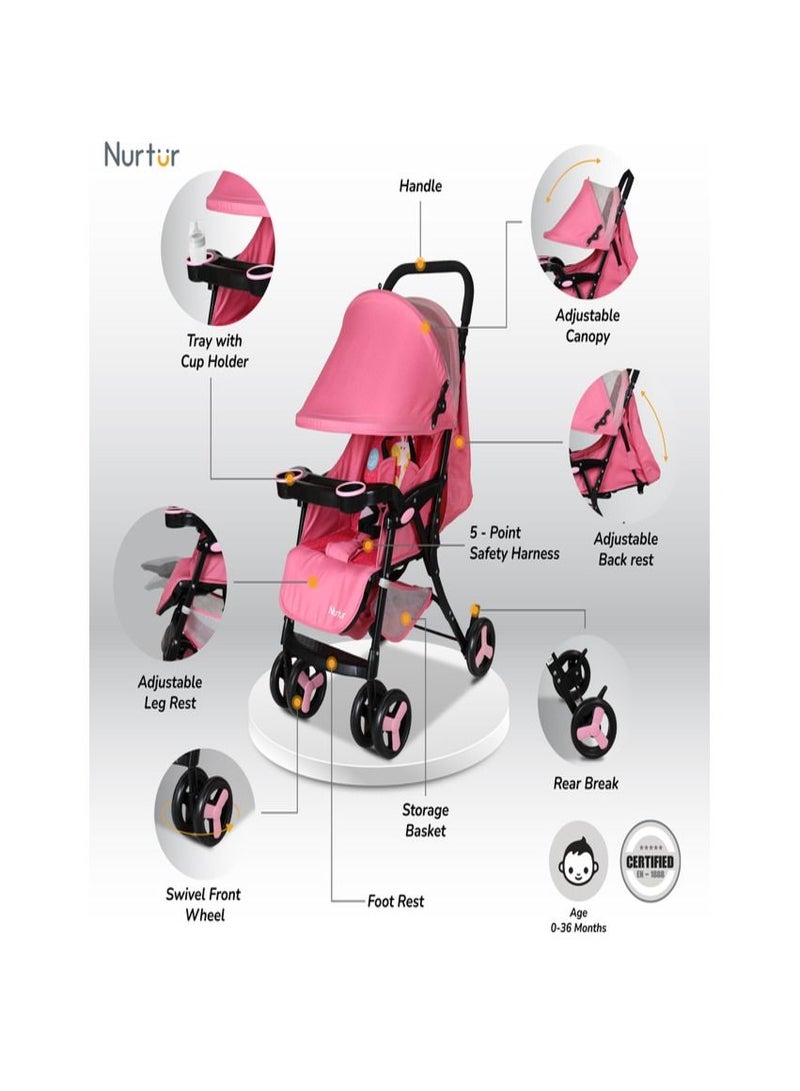 Ryder Lightweight Baby Stroller Storage Basket Detachable Food Tray 5 point harness Adjustable Canopy Adjustable Reclining Seat and Leg rest 0 to 36 months Official Nurtur Product