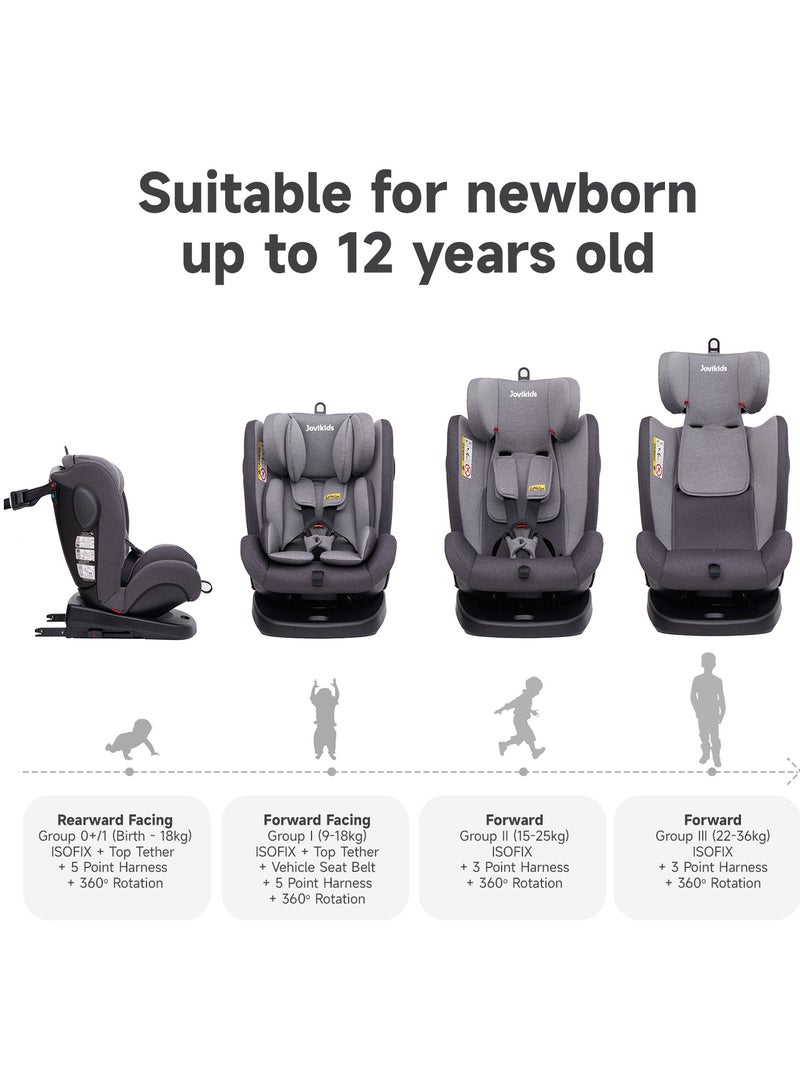 Jovikids Angela Safety Baby Car Seat with Isofix and Top Tether, 360 Degree Swivel Child Seat, Rotating Carseat for Group 0/1/2/3, 0-12 Years Old, ECE R44/04, Black
