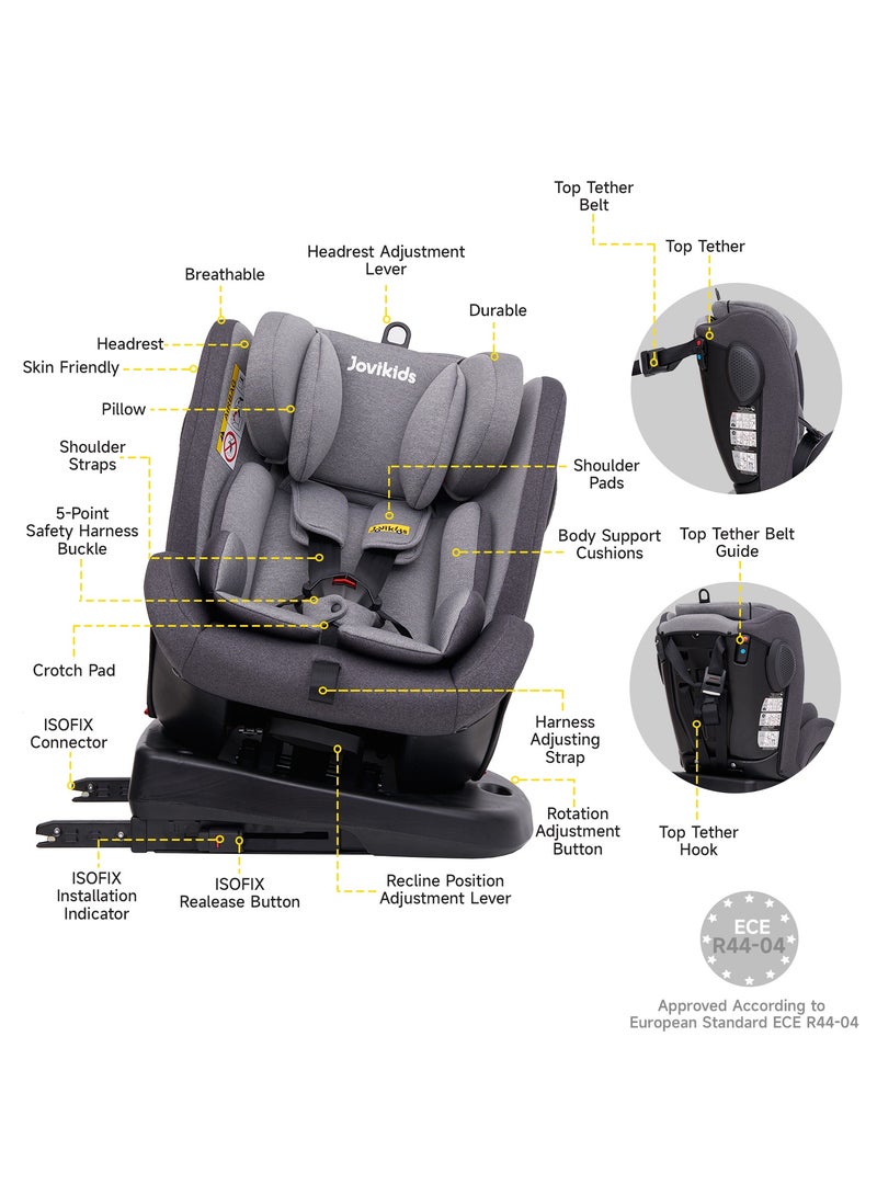 Jovikids Angela Safety Baby Car Seat with Isofix and Top Tether, 360 Degree Swivel Child Seat, Rotating Carseat for Group 0/1/2/3, 0-12 Years Old, ECE R44/04, Black