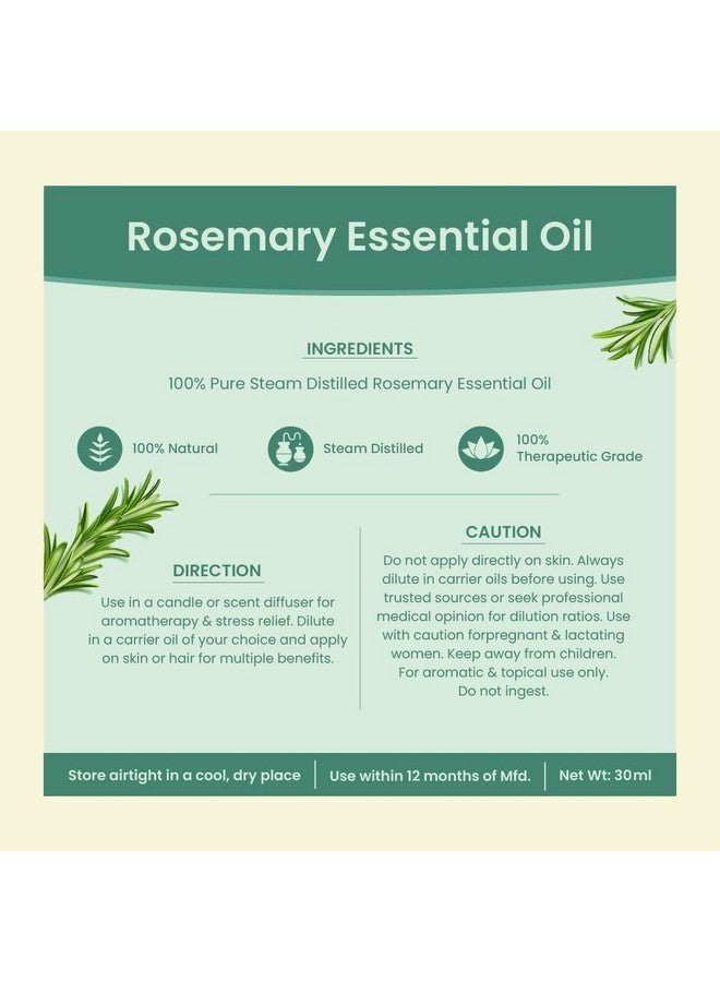 Pure Steam Distilled Rosemary Essential Oil For Hair Growth, Acne & Greying Hair, 100% Natural & Therapeutic Grade - 30Ml