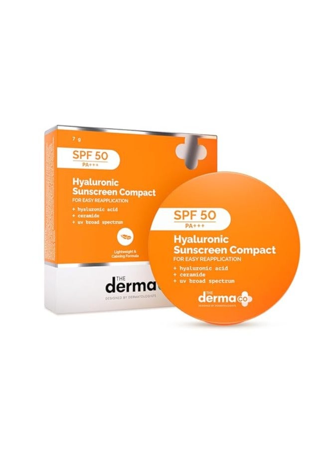 The Derma Co Hyaluronic Sunscreen Compact Powder SPF 50 PA+++ with Ceramides | Matte Finish | Even Skin Tone | Oil Control | Non sticky - 7g
