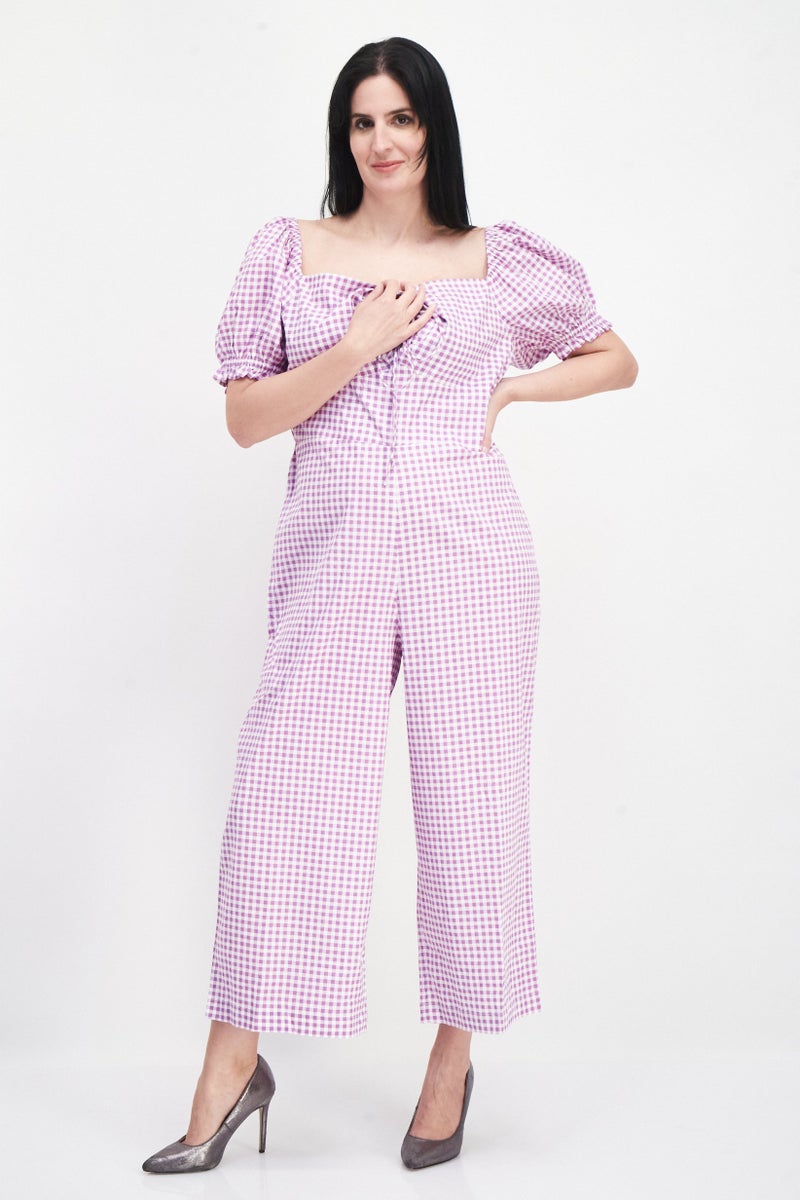 Women Checkered Short Sleeve Jumpsuit, Purple