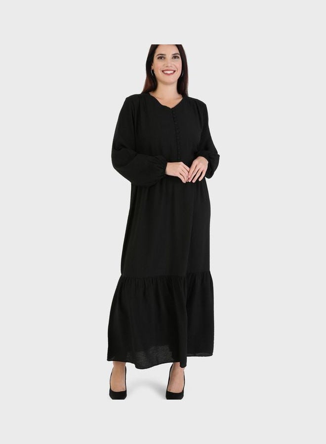 Button Detail Shirred Dress Black