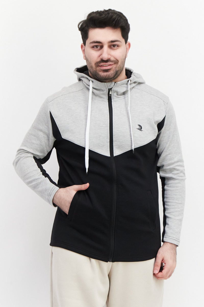 Men Sportswear Fit Long Sleeve Outdoor Hoodie, Light Grey/Black