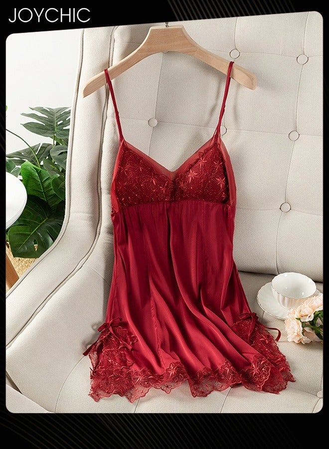 Solid Colour Sweet Pajamas for Women Spring and Autumn Ice Silk Breathable Suspenders Nightgown Backless Evening Dress with Adjustable Straps Wine Red