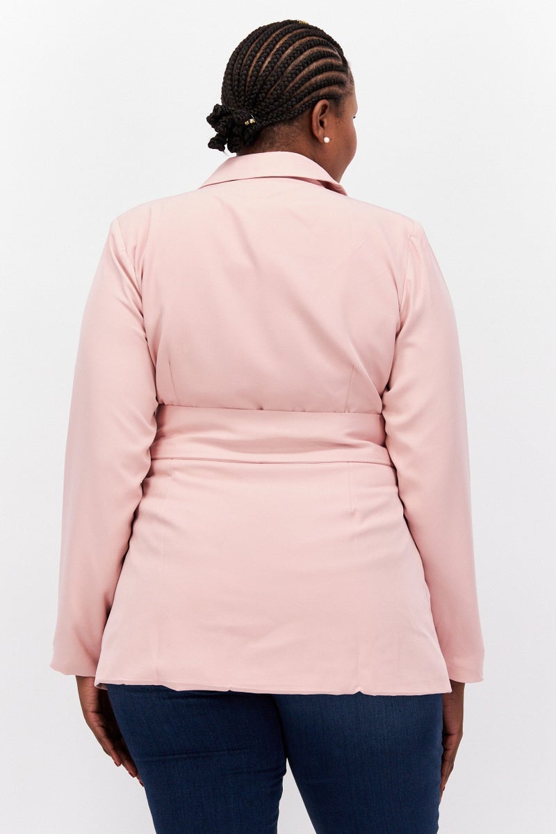 Women Curve Solid Belted Casual Blazer, Pink