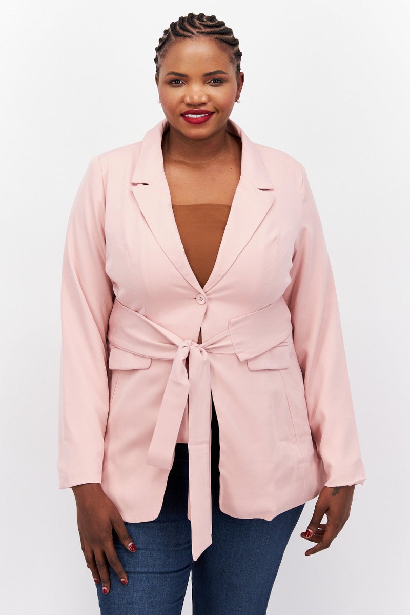 Women Curve Solid Belted Casual Blazer, Pink