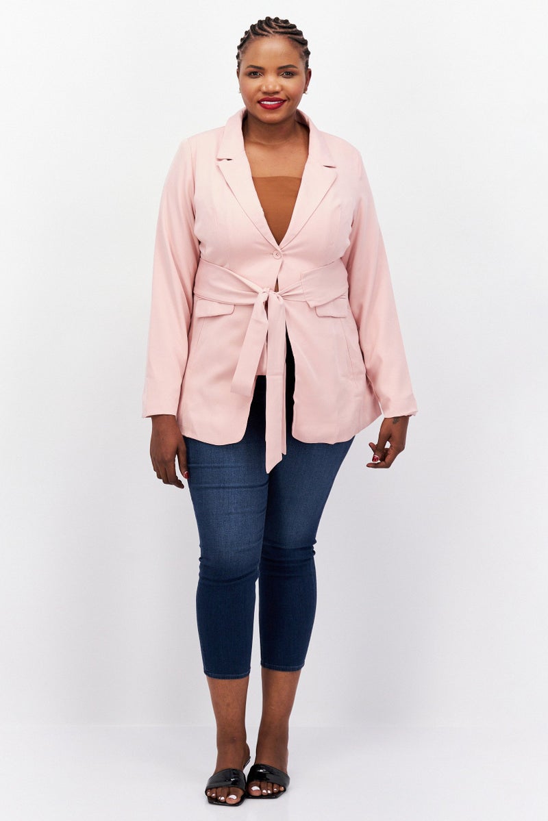 Women Curve Solid Belted Casual Blazer, Pink