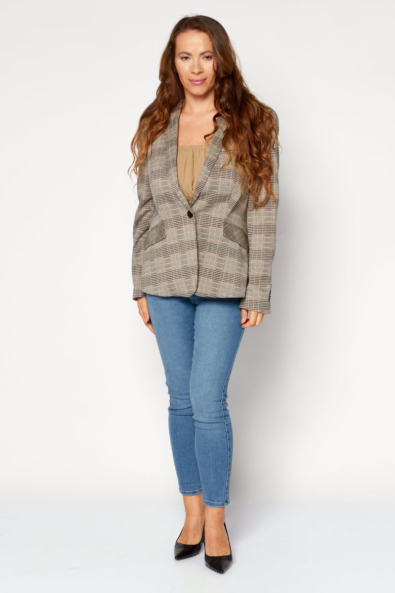 Women Regular Fit Plaid Blazer, Beige Combo