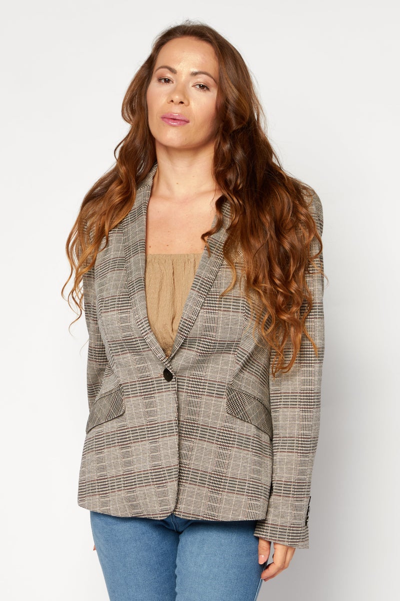 Women Regular Fit Plaid Blazer, Beige Combo